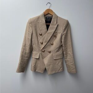 Balmain Tan Double-Breasted Blazer with Gold Buttons